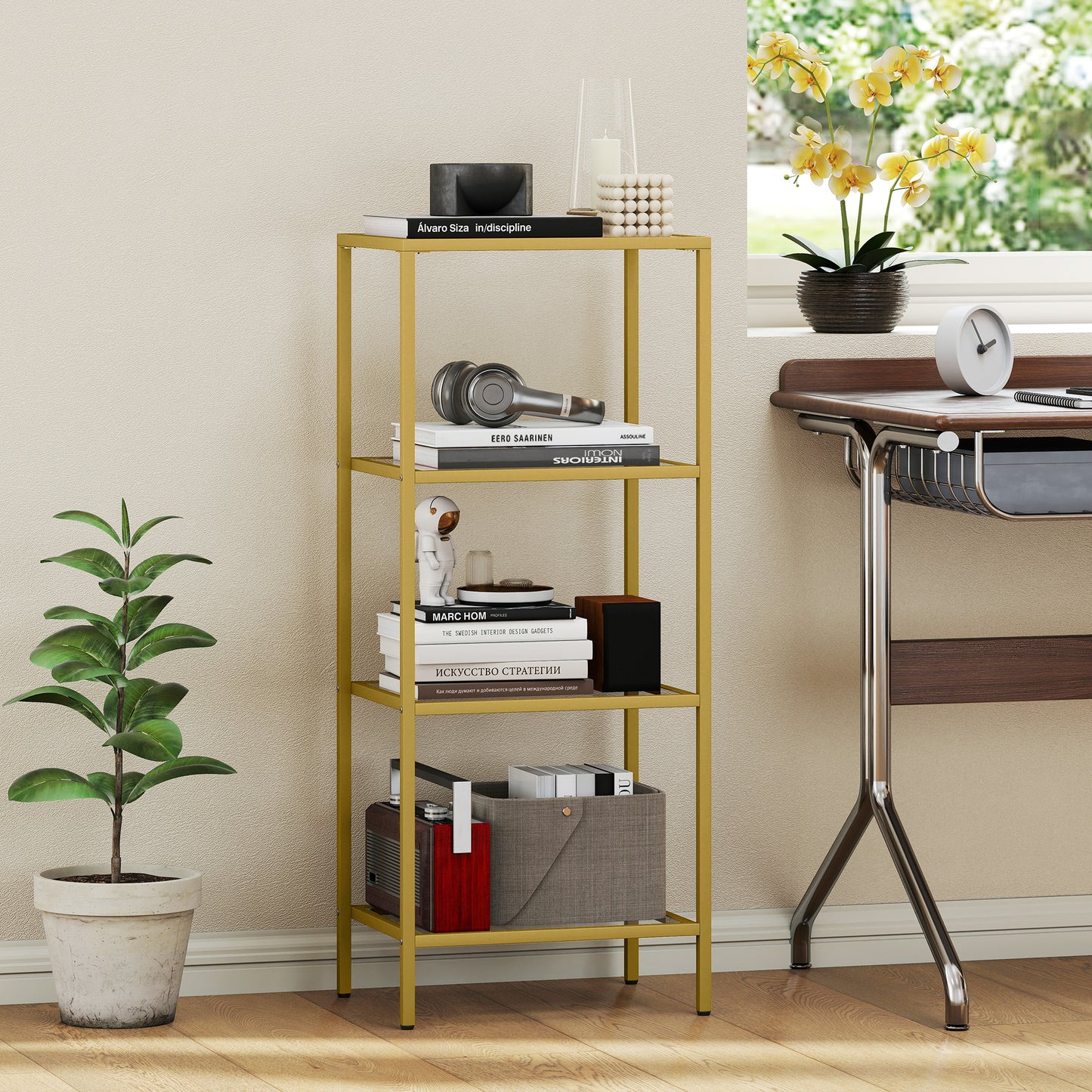 4-Tier Shelving Unit Modern Glass Shelf Bookshelf for Home Gold Tone