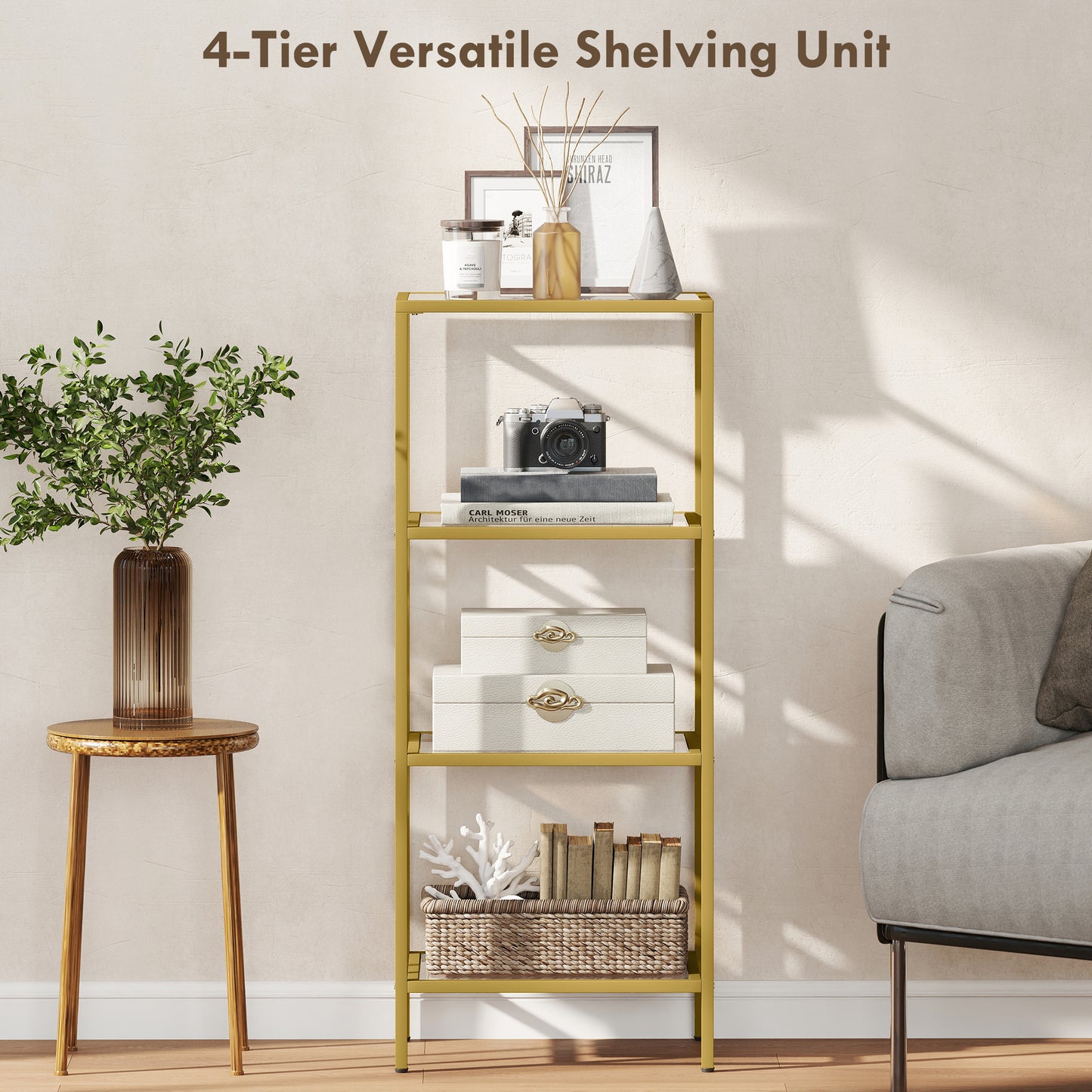 4-Tier Shelving Unit Modern Glass Shelf Bookshelf for Home Gold Tone