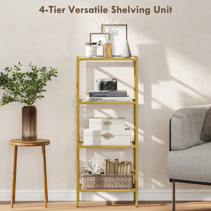 4-Tier Shelving Unit Modern Glass Shelf Bookshelf for Home Gold Tone