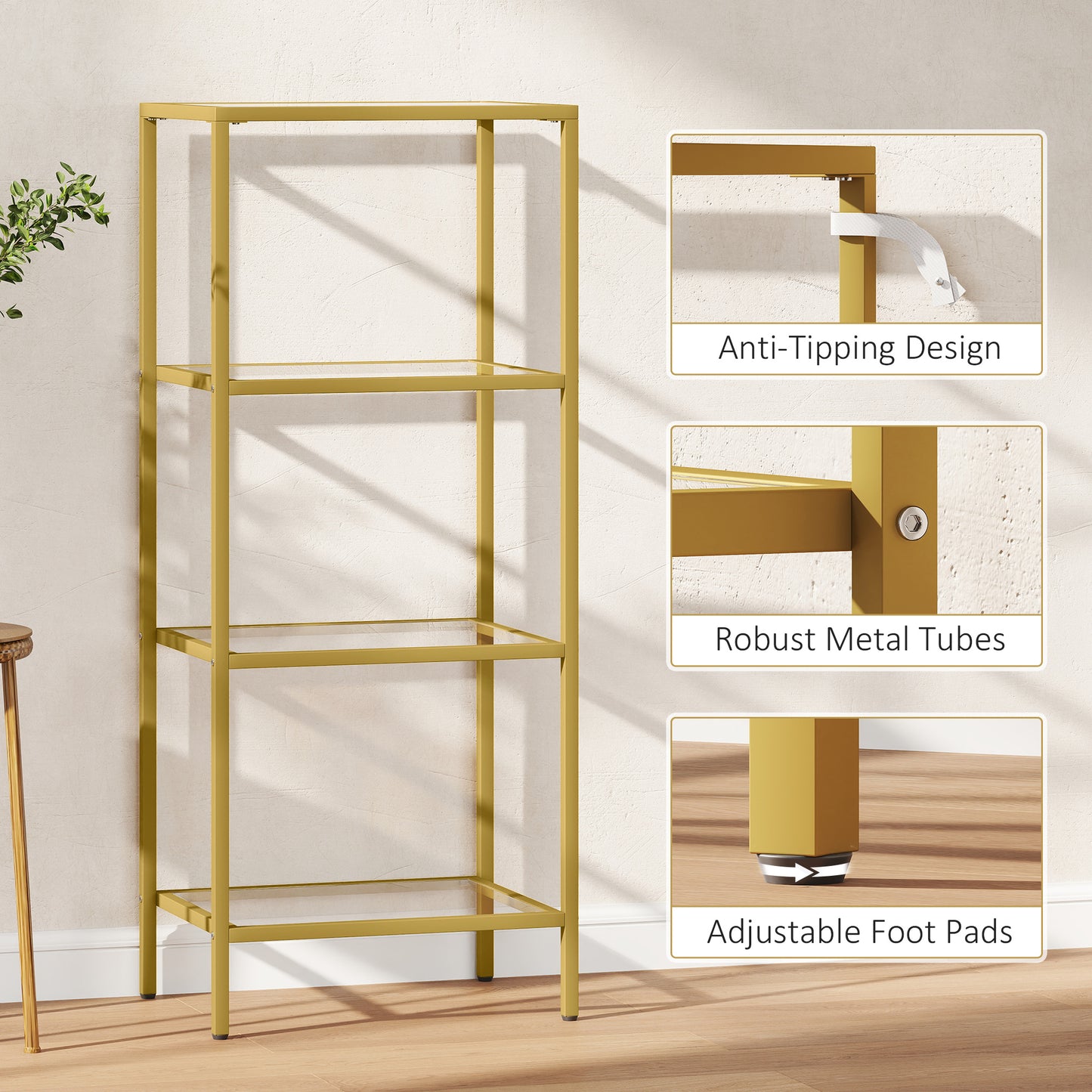 4-Tier Shelving Unit Modern Glass Shelf Bookshelf for Home Gold Tone