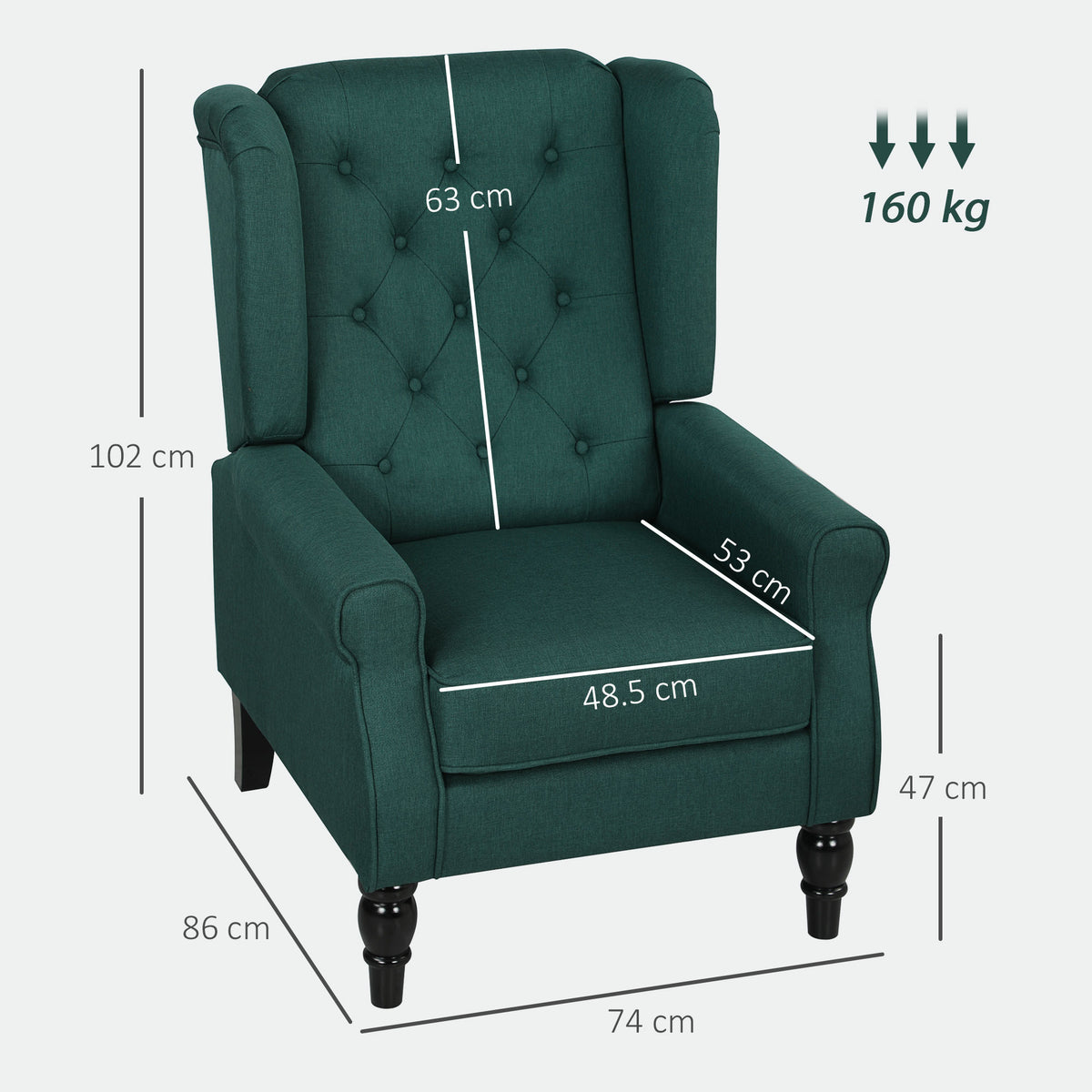 Accent Chair Wingback Armchair Tufted Club Wood Fabric, Dark Green