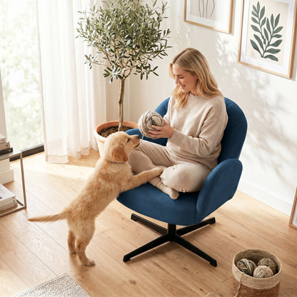 Swivel Accent Chair, Velvet-Feel Fabric Shell-Shaped Armchair with Spring Cushion, Metal Base, Modern Reading Chair for Living Room, Bedroom, Study, Makeup, Dark Blue