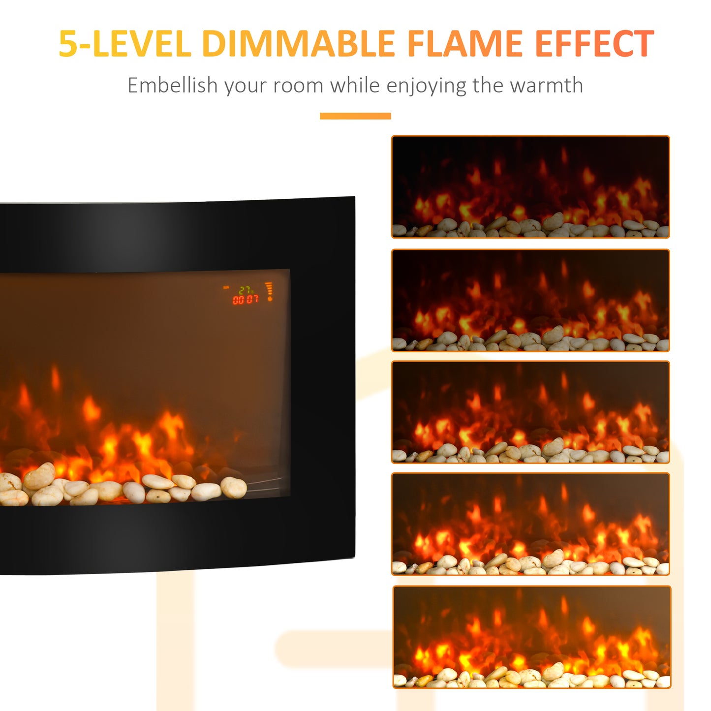 Electric Fireplace Wall Mounted Led Flame Curved Back Side Lights Heater