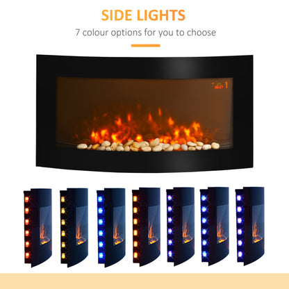 Electric Fireplace Wall Mounted Led Flame Curved Back Side Lights Heater