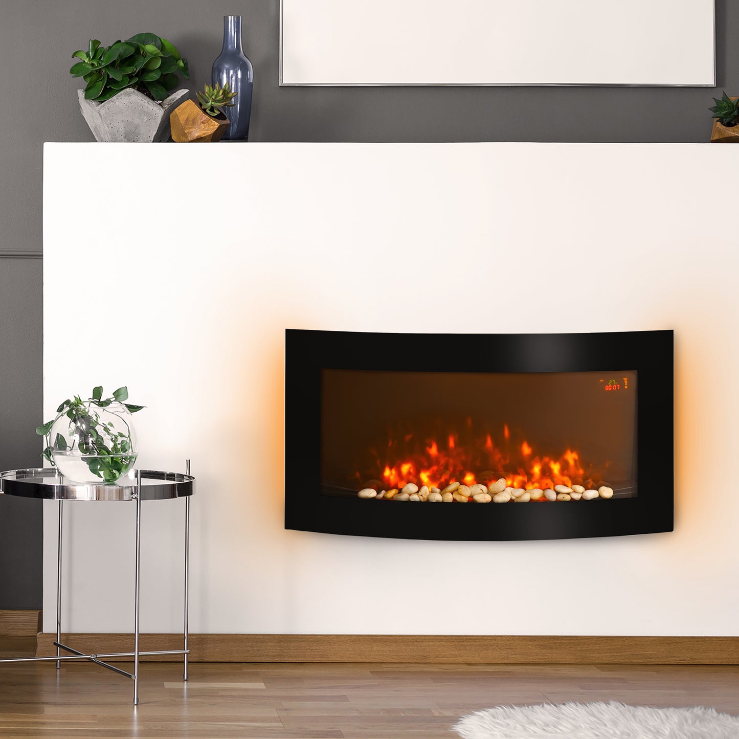 Electric Fireplace Wall Mounted Led Flame Curved Back Side Lights Heater