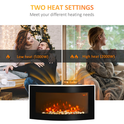Electric Fireplace Wall Mounted Led Flame Curved Back Side Lights Heater