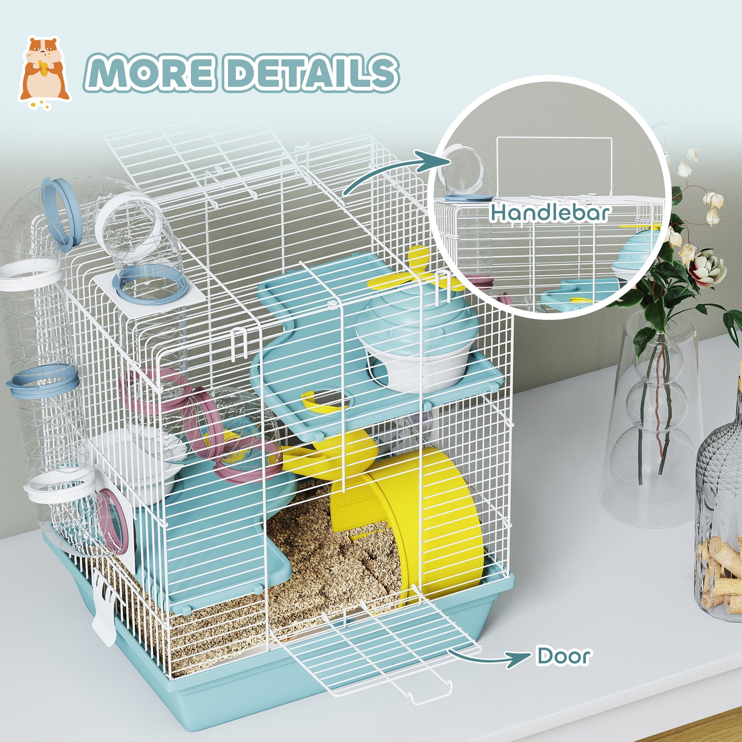 3-Level Hamster Cage, Gerbil Cage with Exercise Wheel, Tunnels, Water Bottle, Food Bowl, House, Ramps, for Dwarf Hamster, 34.5 x 27.5 x 41 cm, Blue