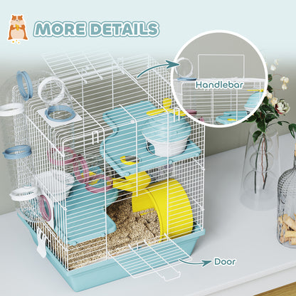 3-Level Hamster Cage, Gerbil Cage with Exercise Wheel, Tunnels, Water Bottle, Food Bowl, House, Ramps, for Dwarf Hamster, 34.5 x 27.5 x 41 cm, Blue