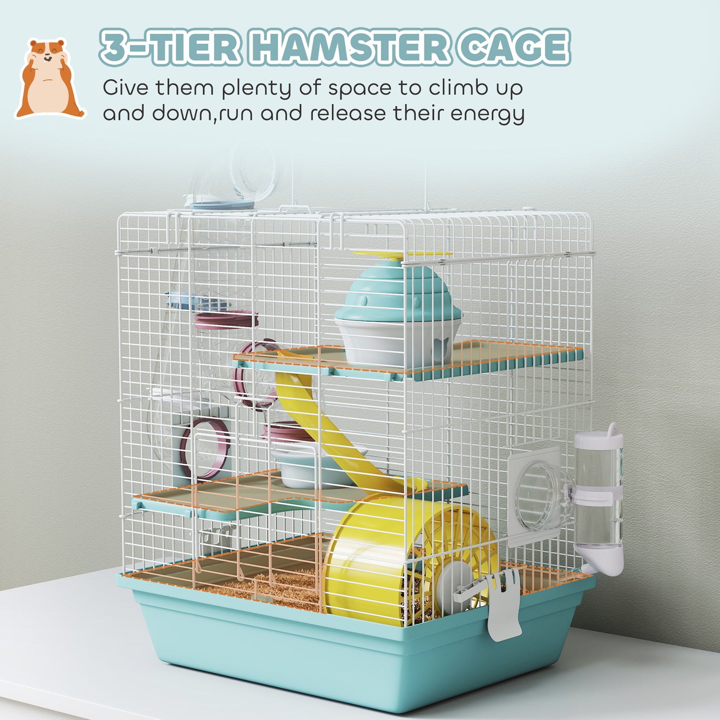 3-Level Hamster Cage, Gerbil Cage with Exercise Wheel, Tunnels, Water Bottle, Food Bowl, House, Ramps, for Dwarf Hamster, 34.5 x 27.5 x 41 cm, Blue