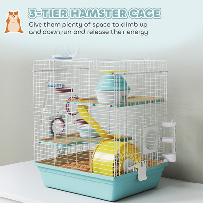 3-Level Hamster Cage, Gerbil Cage with Exercise Wheel, Tunnels, Water Bottle, Food Bowl, House, Ramps, for Dwarf Hamster, 34.5 x 27.5 x 41 cm, Blue