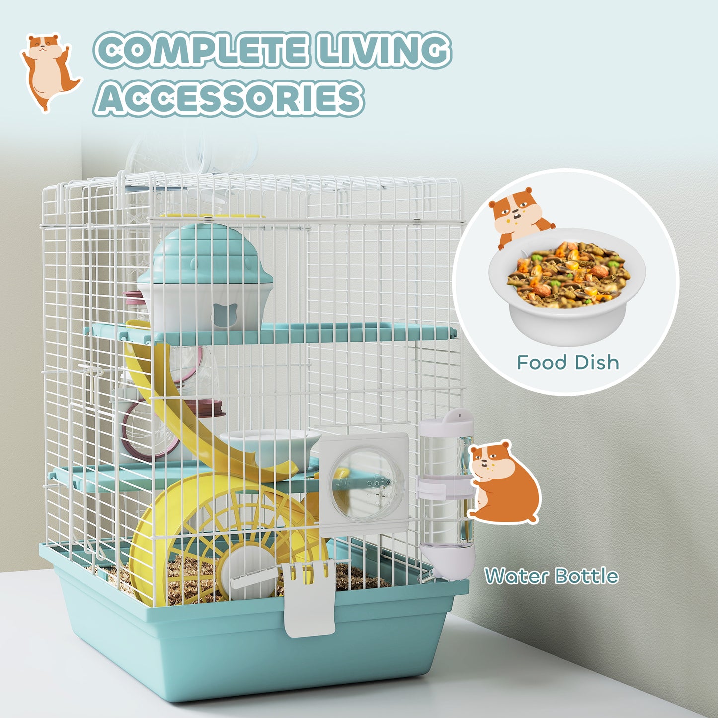 3-Level Hamster Cage, Gerbil Cage with Exercise Wheel, Tunnels, Water Bottle, Food Bowl, House, Ramps, for Dwarf Hamster, 34.5 x 27.5 x 41 cm, Blue