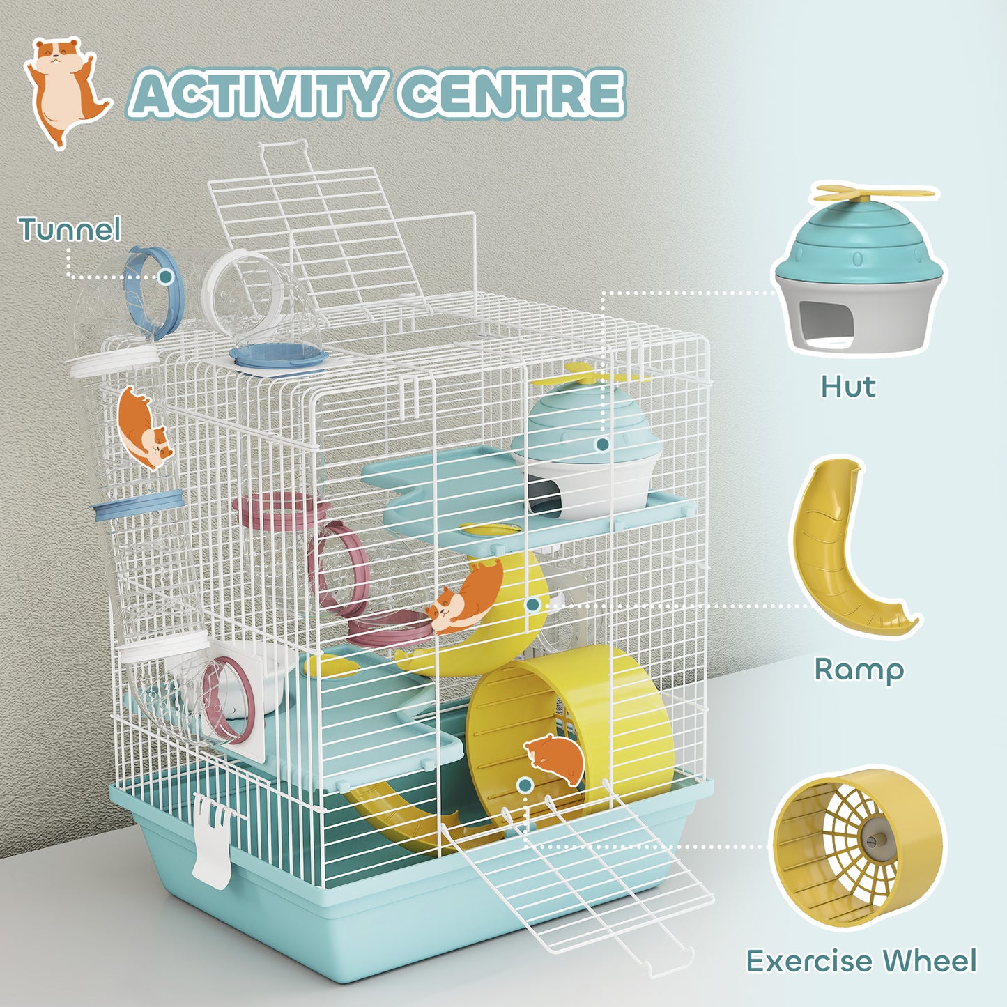 3-Level Hamster Cage, Gerbil Cage with Exercise Wheel, Tunnels, Water Bottle, Food Bowl, House, Ramps, for Dwarf Hamster, 34.5 x 27.5 x 41 cm, Blue