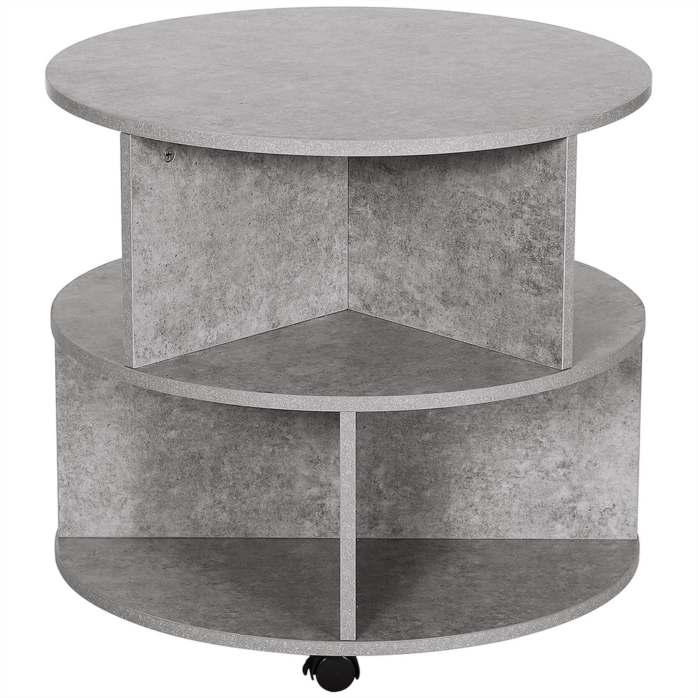 2 Tier Round Side End Table Coffee Desk with Divided Shelves Tea Table Storage Unit Living Room Organiser with Wheels - Cement colour