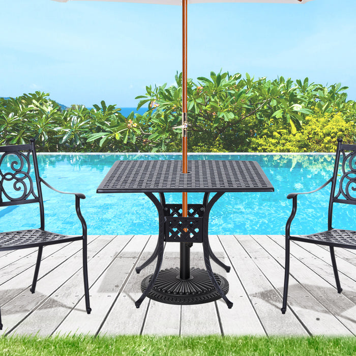 90cm Square Garden Table with Umbrella Hole, Aluminium Grid Motif Outdoor Dining Table for Garden Patio, Black