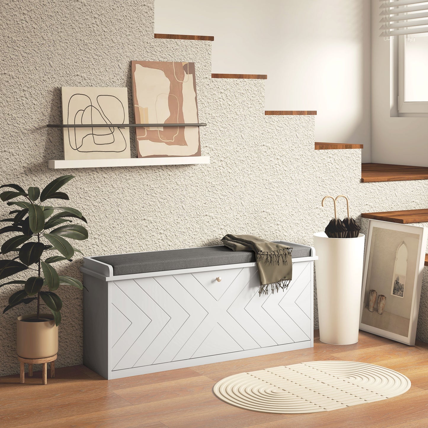 Shoe Bench with Flip Drawer, Cushion, 10 Pairs for Entryway White