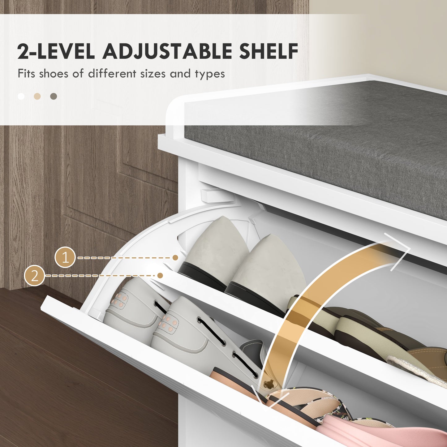 Shoe Bench with Flip Drawer, Cushion, 10 Pairs for Entryway White