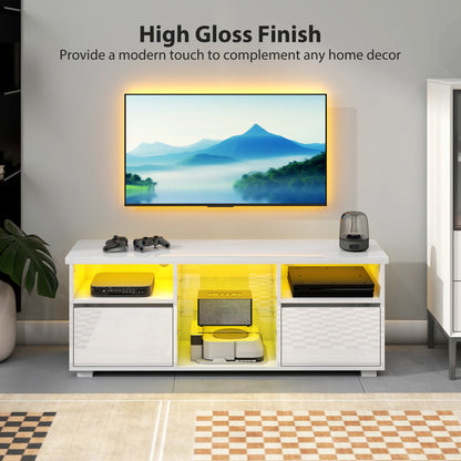 High Gloss TV Stand Cabinet with LED Lights for Living Room, White