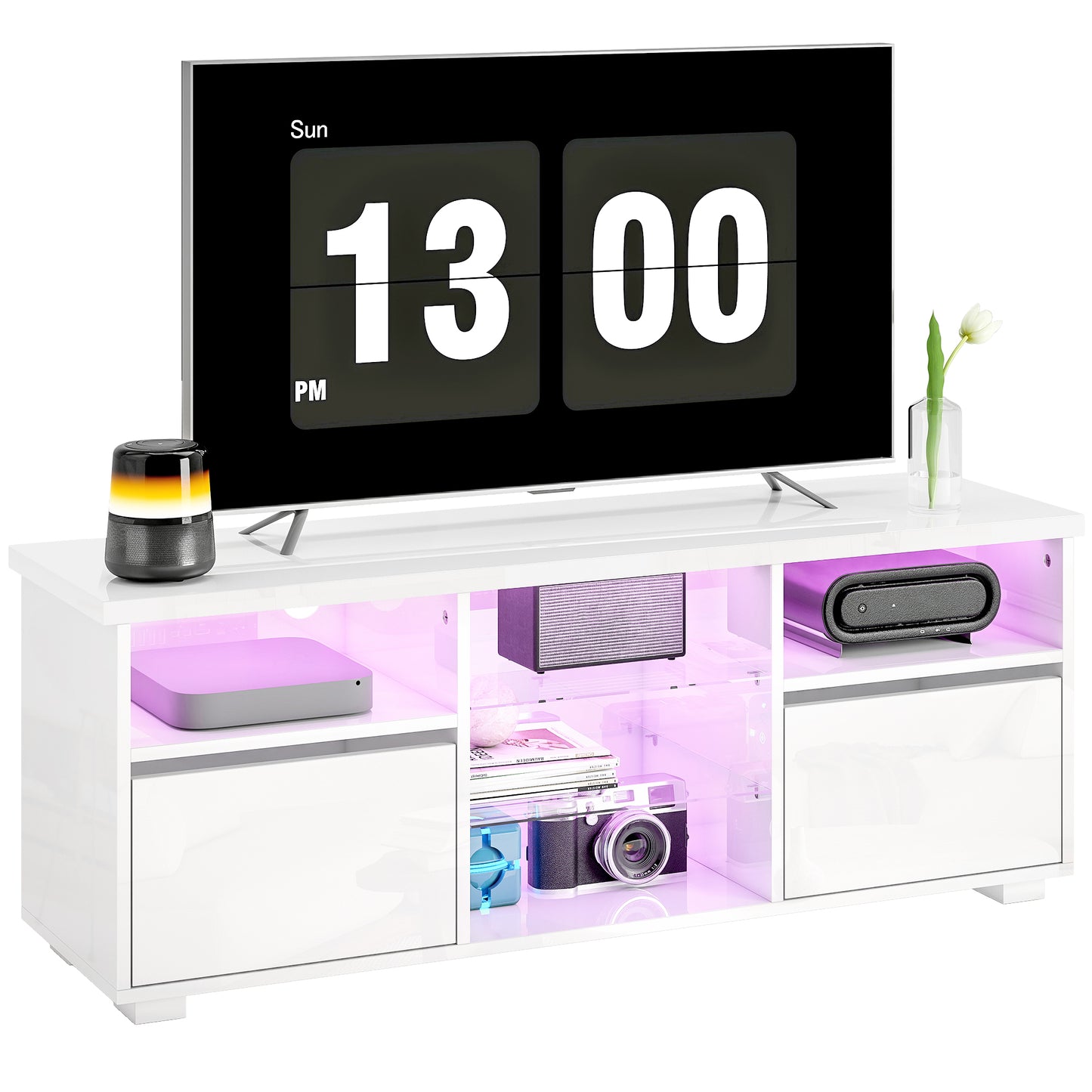 High Gloss TV Stand Cabinet with LED Lights for Living Room, White