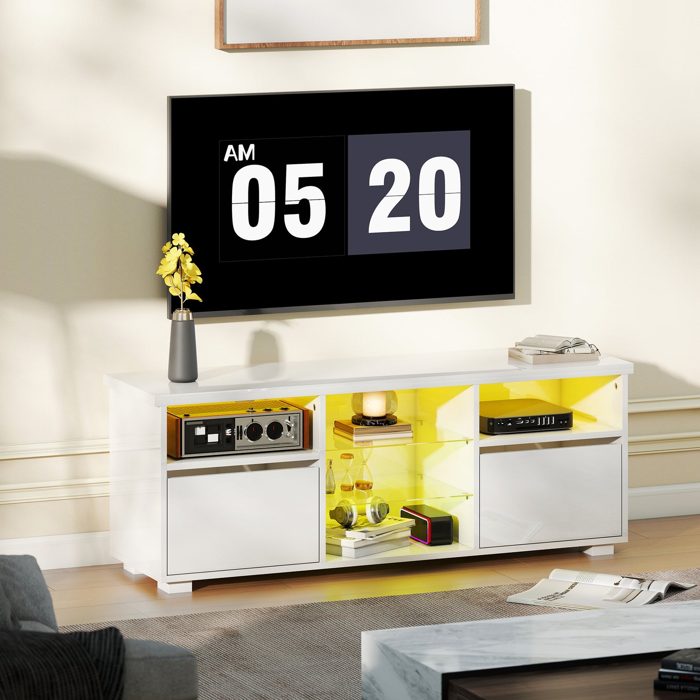 High Gloss TV Stand Cabinet with LED Lights for Living Room, White