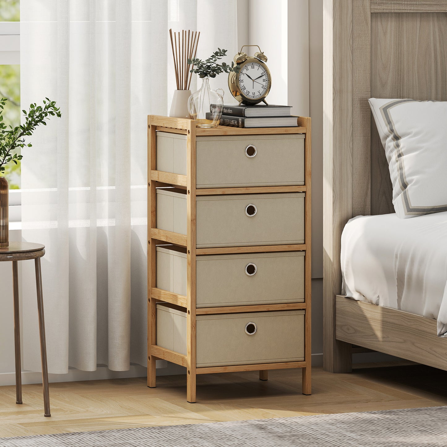Chest of Drawers, 4 Drawers Dresser with Bamboo Frame, Cream White