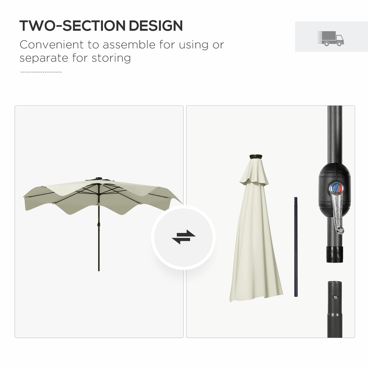 Solar Patio Umbrella with LED and Tilt, Outdoor Market Table Umbrella Parasol with Crank, 3 x 3 (m), Cream White
