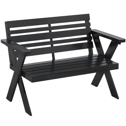 2 Seater Wood Garden Bench, Slatted Patio Bench with Armrest Black
