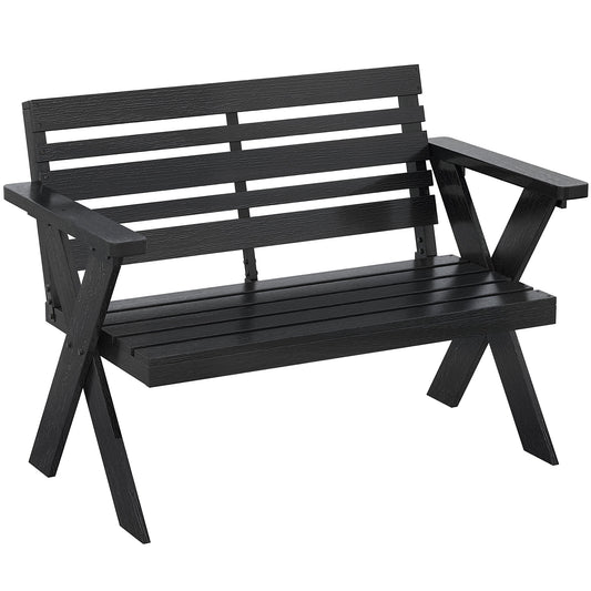 2 Seater Wood Garden Bench, Slatted Patio Bench with Armrest Black