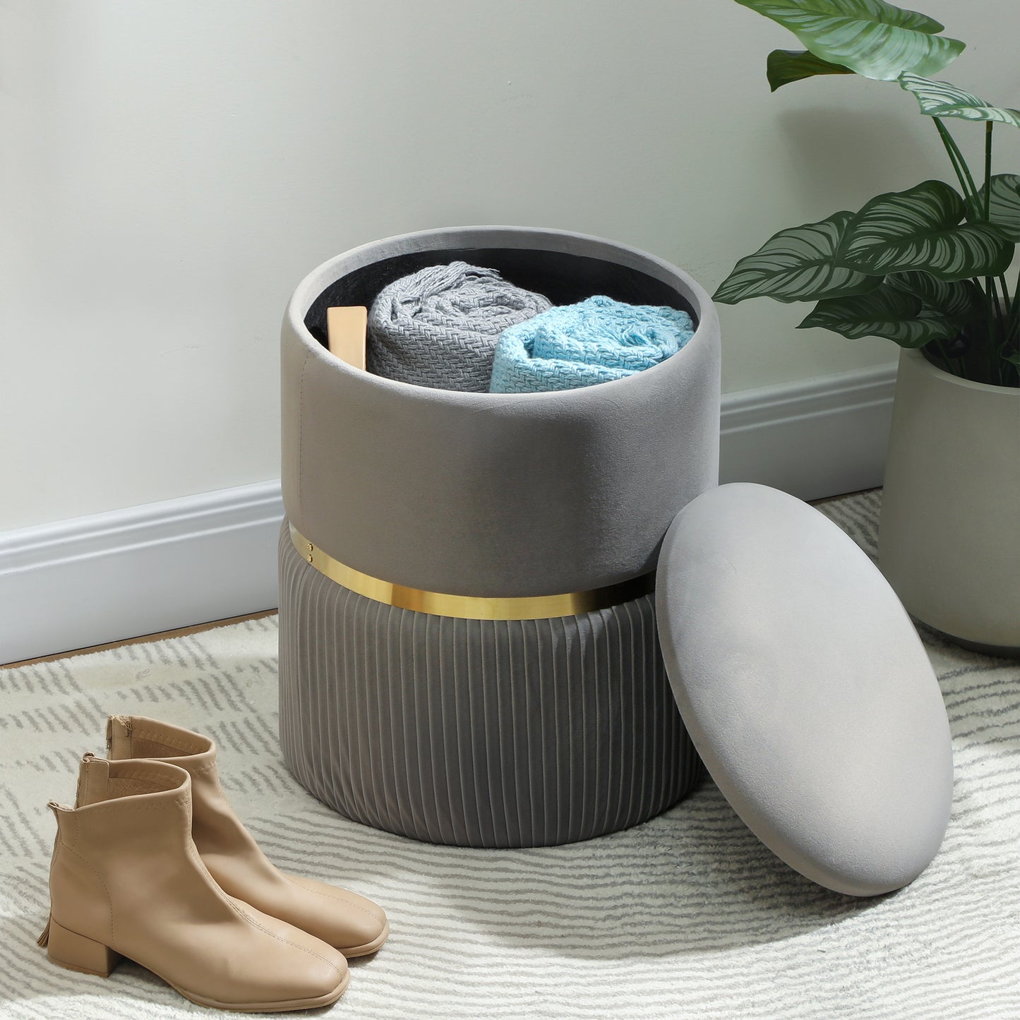 Round Pouffe Storage Footstool with Hidden Space, Light Grey
