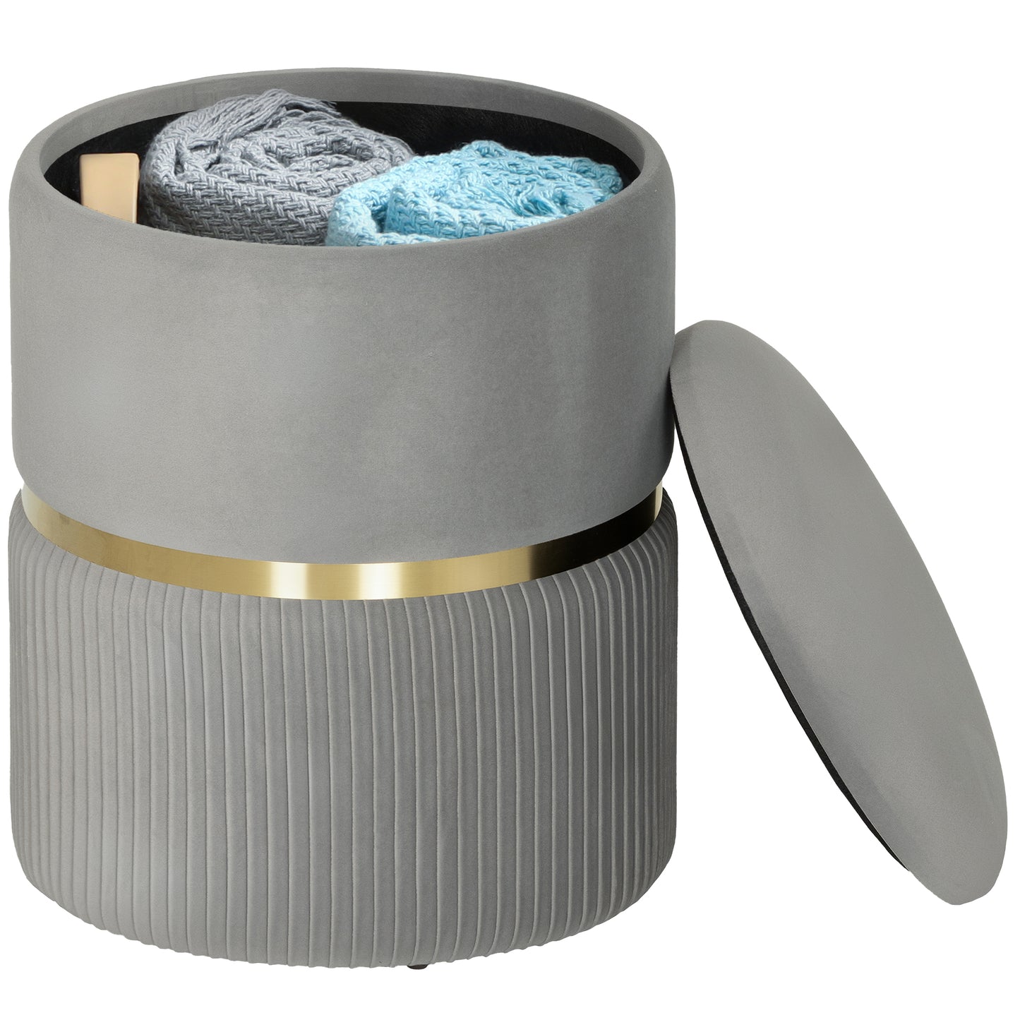 Round Pouffe Storage Footstool with Hidden Space, Light Grey