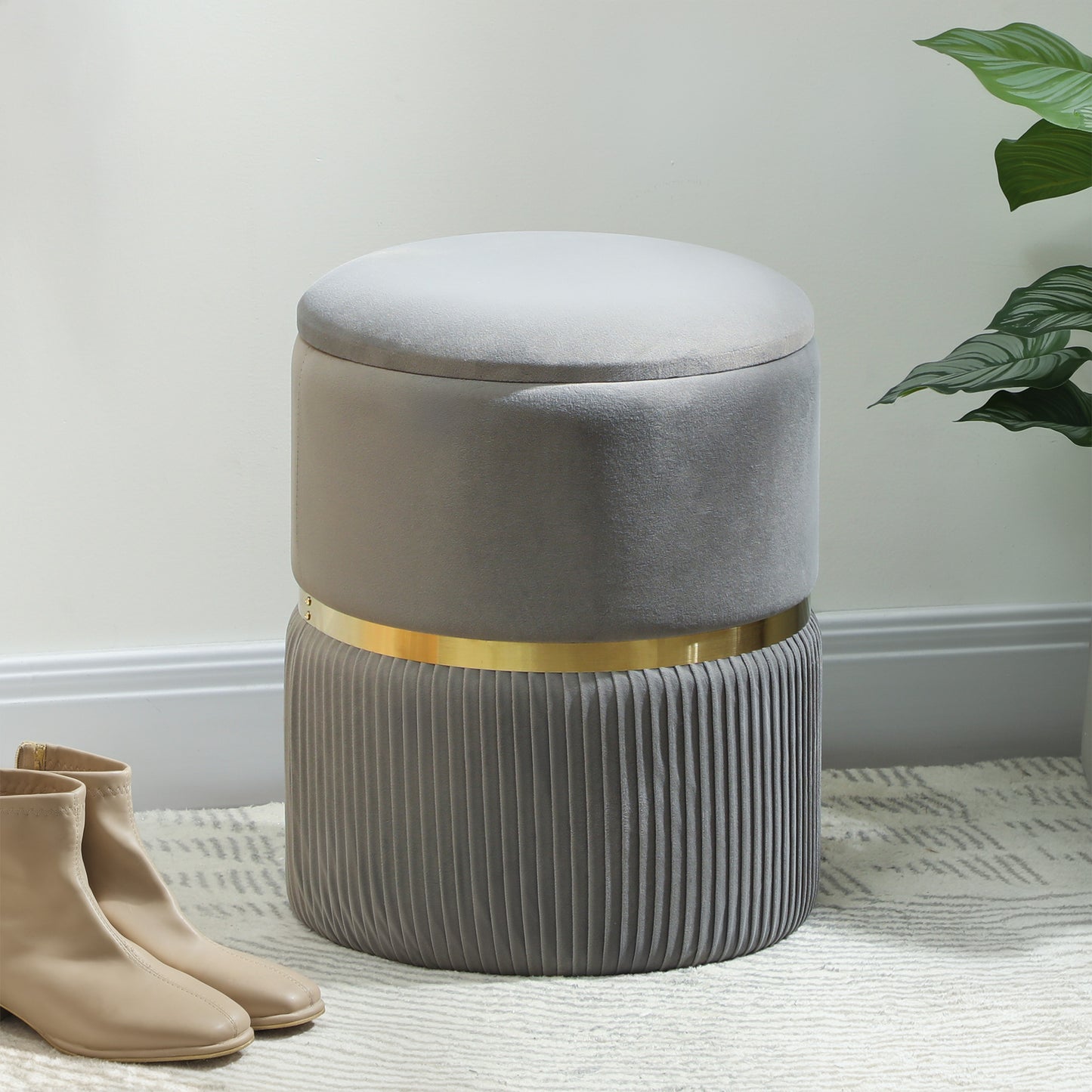 Round Pouffe Storage Footstool with Hidden Space, Light Grey
