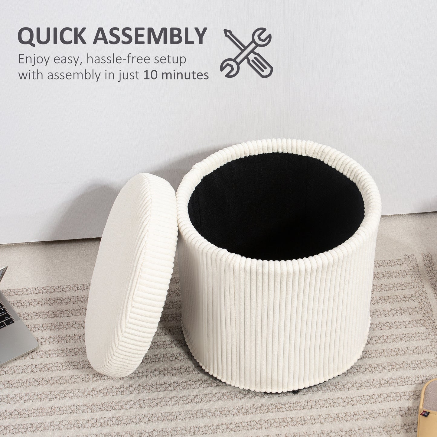 Round Storage Ottoman with Lid, Vanity Stool with Storage, Beige