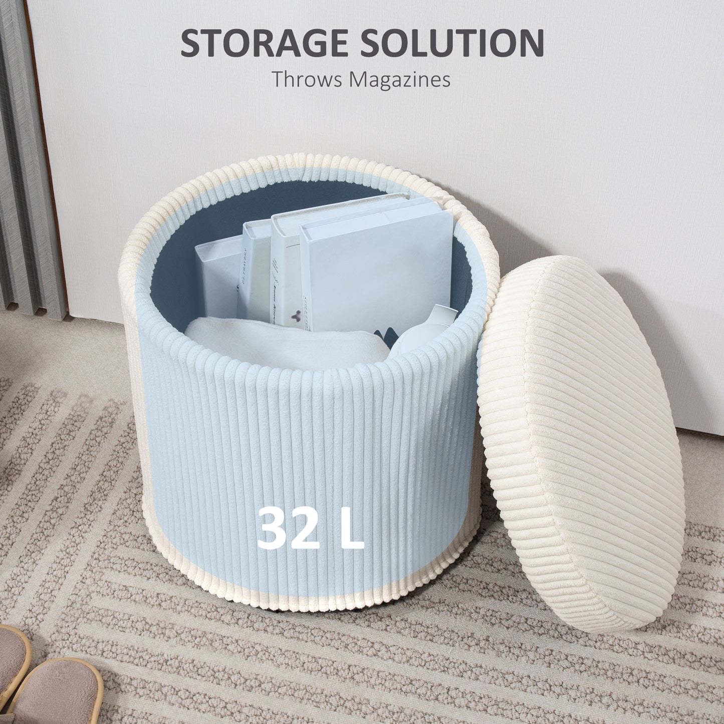 Round Storage Ottoman with Lid, Vanity Stool with Storage, Beige