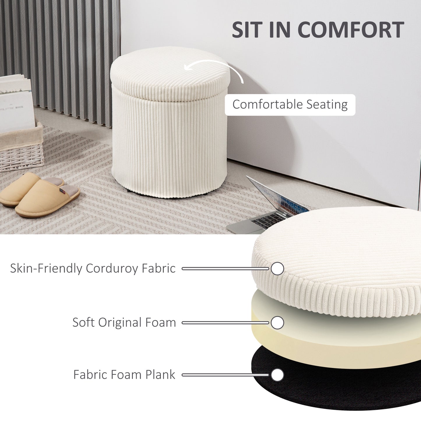 Round Storage Ottoman with Lid, Vanity Stool with Storage, Beige