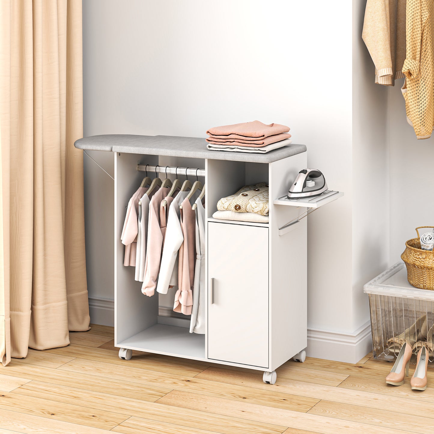 Rolling Ironing Board Cabinet, Foldable Ironing Station with Storage