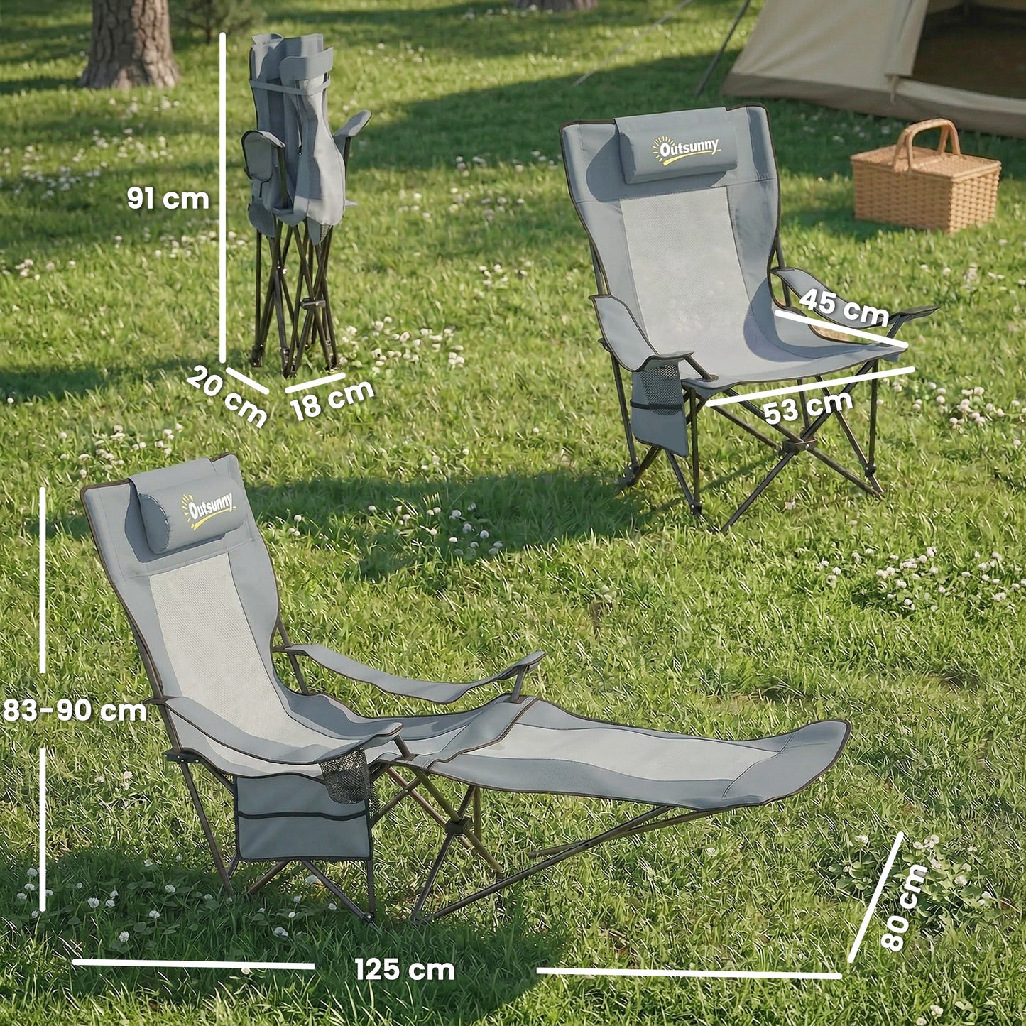 Set of 2 Reclining Folding Camping Chair, Portable Camp Chair with Adjustable Backrest, Footrest, Storage Pocket, Cup Holder and Headrest, for Camping, Beach, Picnic, Grey