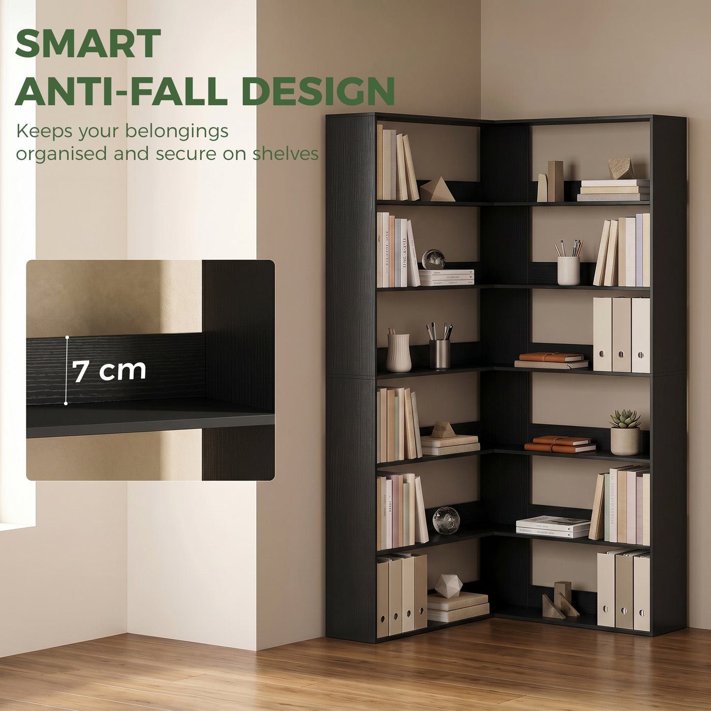 7 Tiers Corner Bookshelf, L-Shaped Bookcase with Anti-Slip Rear Guard, Storage Shelves for Living Room, Bedroom and Home Office, 90W x 90D x 180H cm, Black Wood Effect