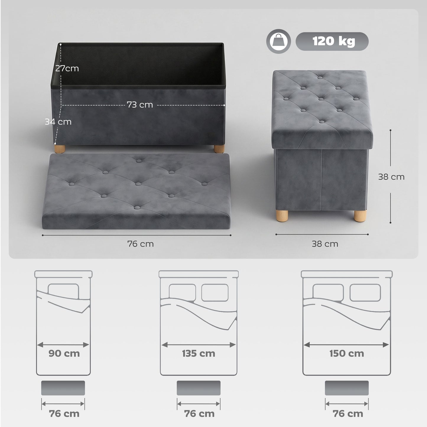 Velvet Upholstered Foldable Ottoman Footrest with Wood Legs, Grey