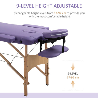 Portable Massage Bed, Folding Spa Beauty Massage Table with 2 Sections, Carry Bag and Wooden Frame, Purple