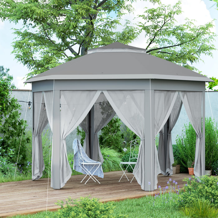 3x4m Hexagon Gazebo w/ Mesh Curtains Outdoor Garden, Dark Grey