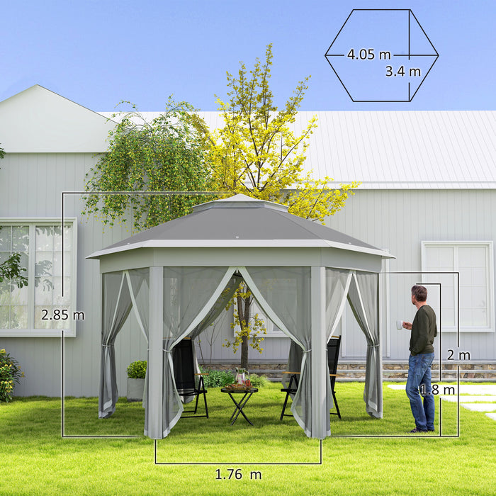 3x4m Hexagon Gazebo w/ Mesh Curtains Outdoor Garden, Dark Grey