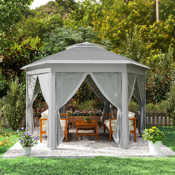 3x4m Hexagon Gazebo w/ Mesh Curtains Outdoor Garden, Dark Grey