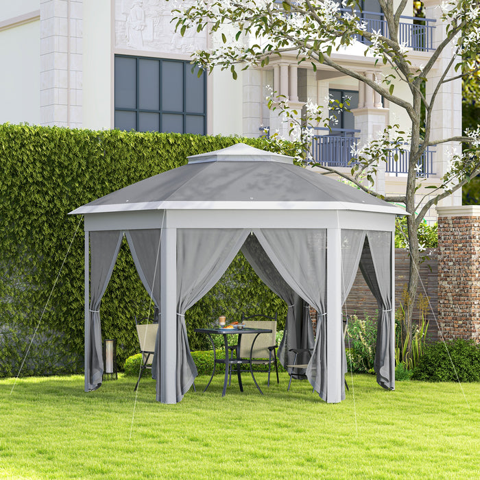 3x4m Hexagon Gazebo w/ Mesh Curtains Outdoor Garden, Dark Grey