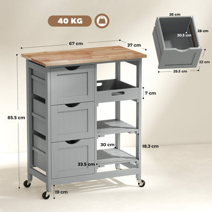 Rolling Kitchen Island Cart, Bar Serving Cart on Wheels Grey