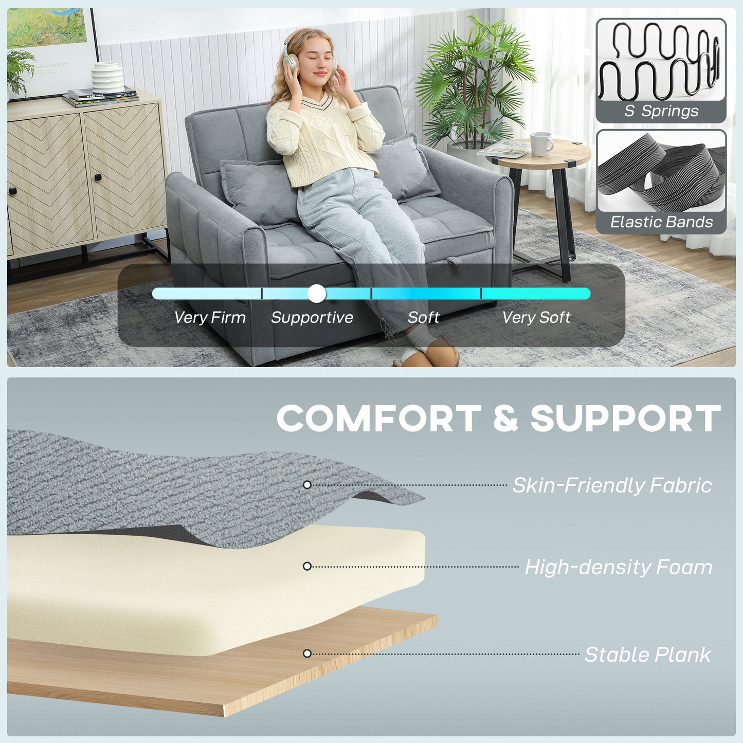 2 Seater Sofa Bed, 3-in-1 Sleeper Sofa with Adjustable Backrest