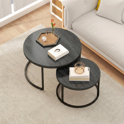 2 Pcs Stacking Coffee Table Set Steel Frame, Black Wood Grain