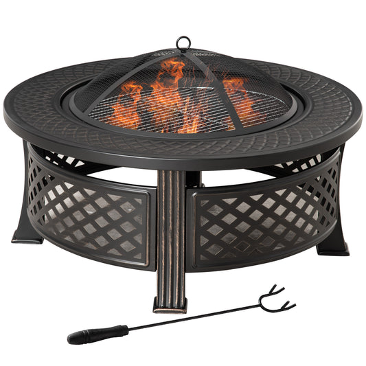 Outdoor Fire Pit,Round Firepit with Grill Net,Mesh Lid,Bronze Tone