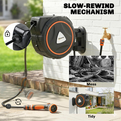Retractable Hose Reel Wall Mounted, 28+2m Garden Hose Pipe Reel with Auto Retraction, Self-Locking, Slow Return System, 180° Swivel Bracket, 12-Pattern Nozzles and Faucet Adaptor, Orange