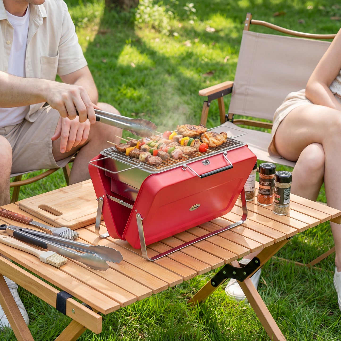 Portable Mini Charcoal Barbecue Grill with Suitcase Shell, Red