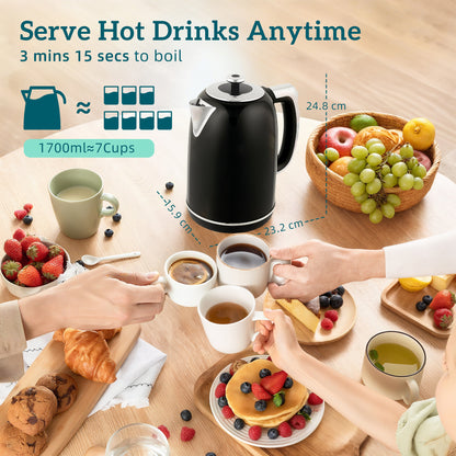 1.7L 3000W Kettle and 2 Slice Toaster with Keep Warm Memory Function