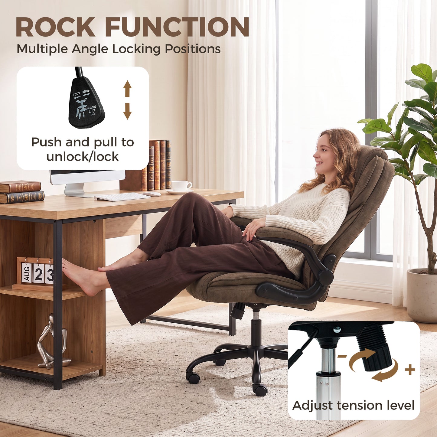 Office Chair, Computer Desk Chair with Flip-up Armrest, Brown